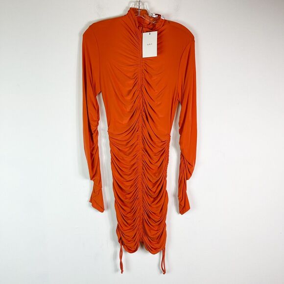 Orange Ruched Long Sleeve Dress - Picture 2 of 8